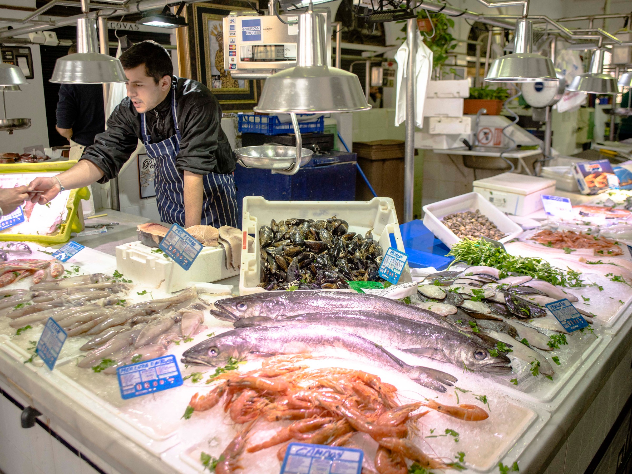 Fish market stall with fresh seafood, vendor interacting with customer.