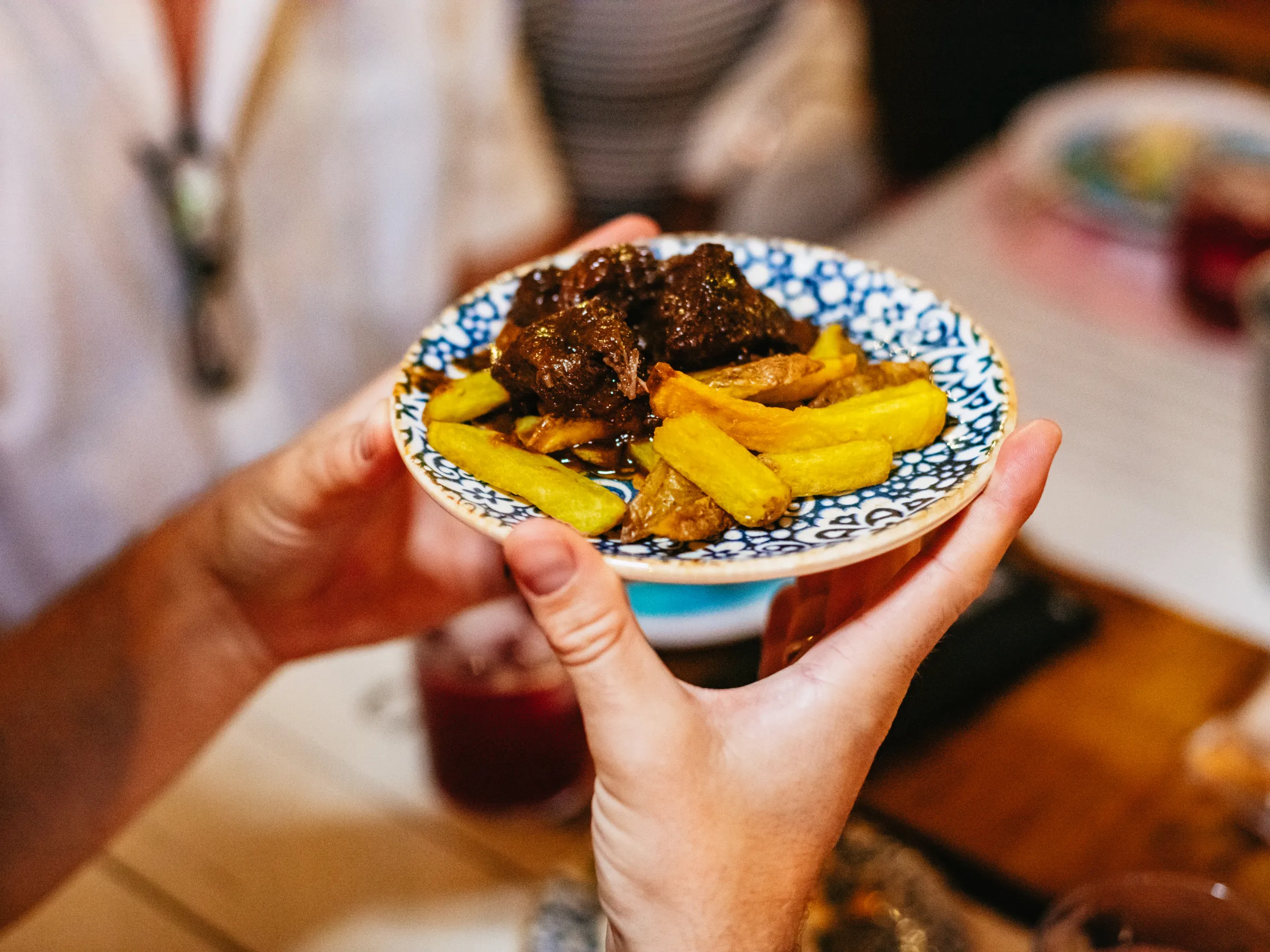 A person holds a patterned plate with meat and fries close-up in a dining setting.