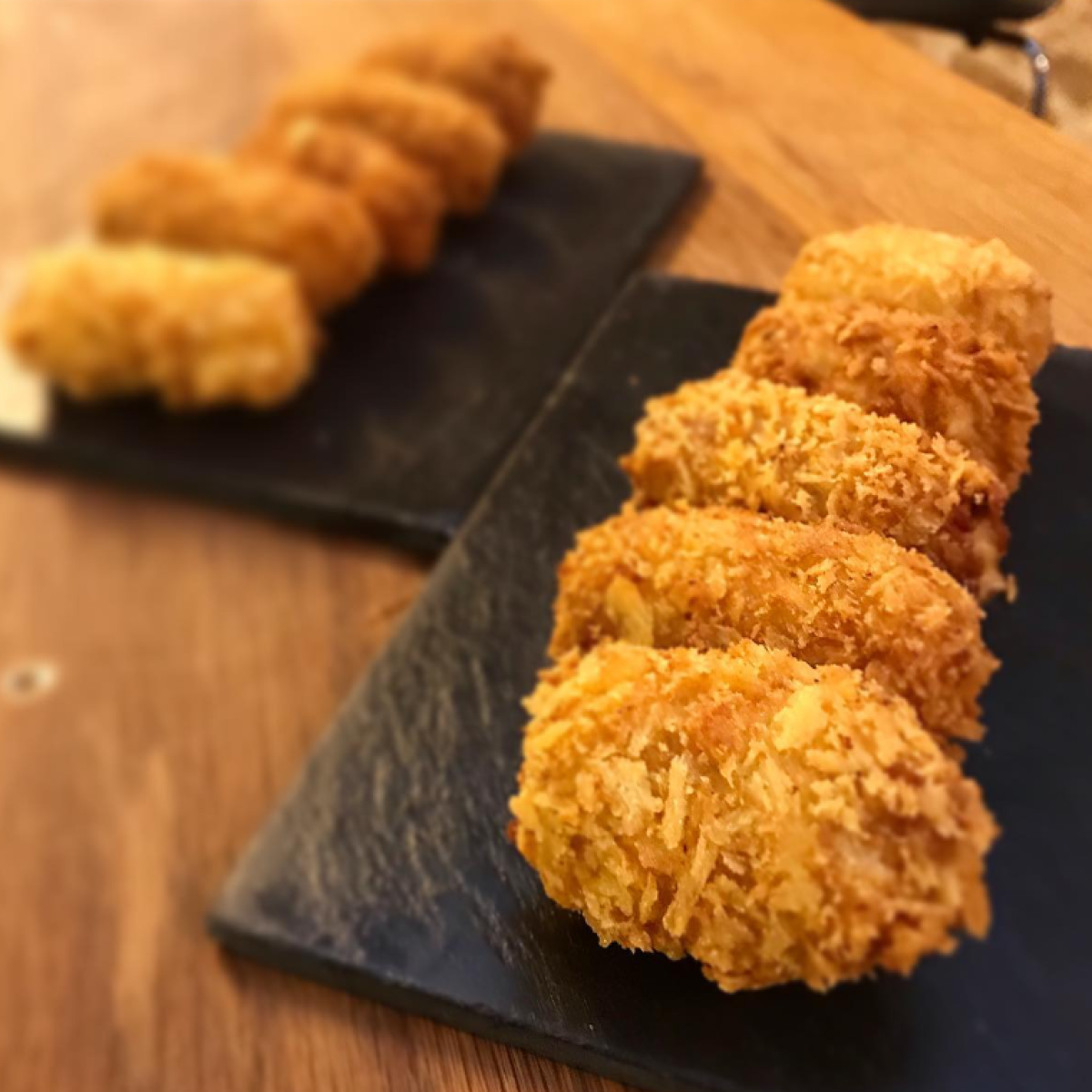a close up of food on a wooden table