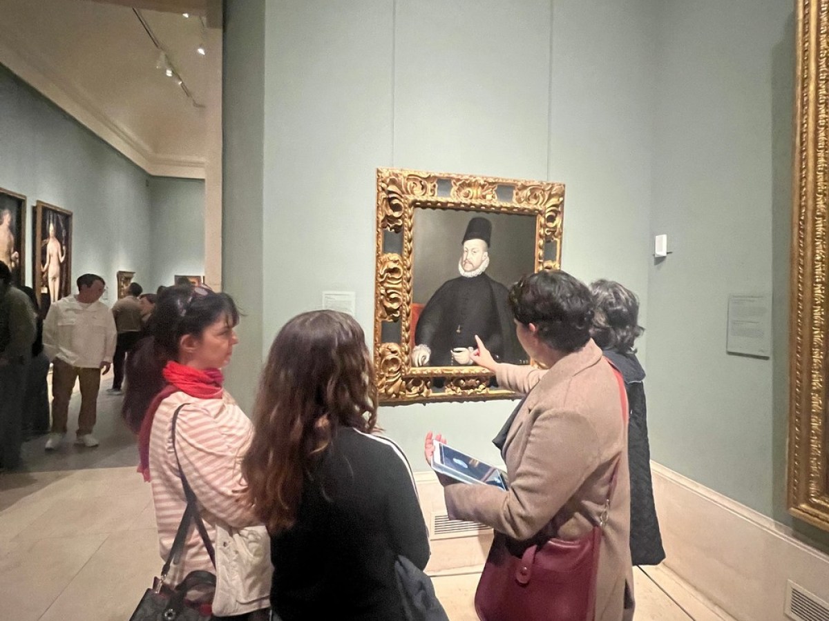 a group of people standing in a room