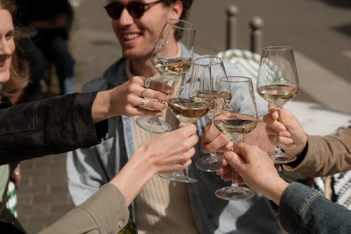 a group of people sitting at a table with wine glasses