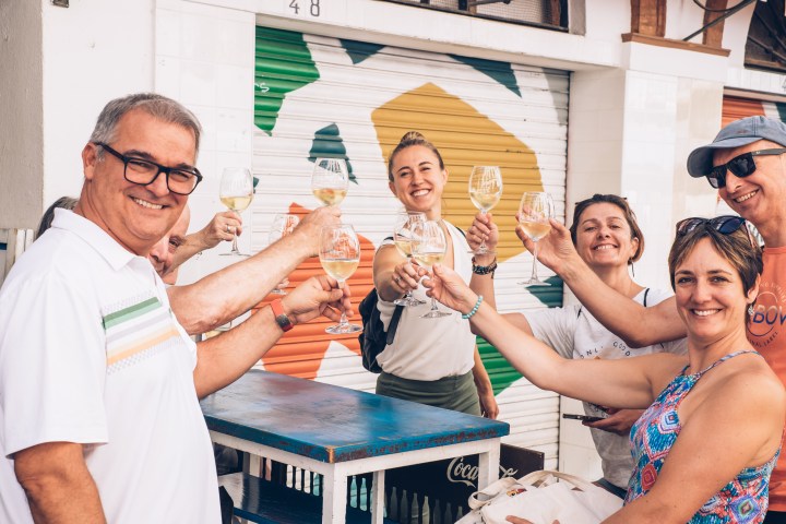Group of smiling people toasting with wine glasses in outdoor setting.